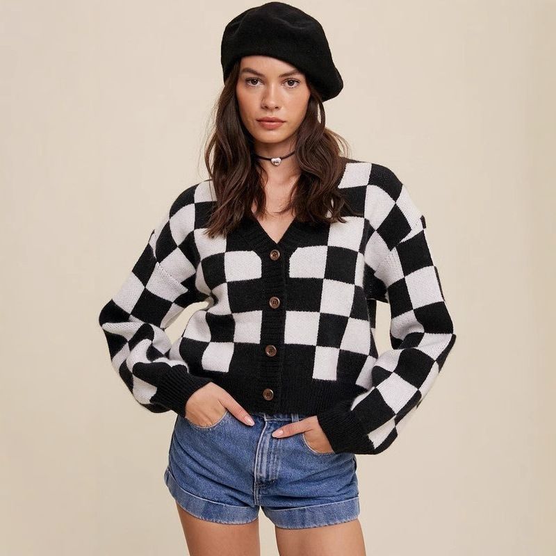 MOSS ROSE - Chaqueta de punto de cuadros a juego en negro para mujer