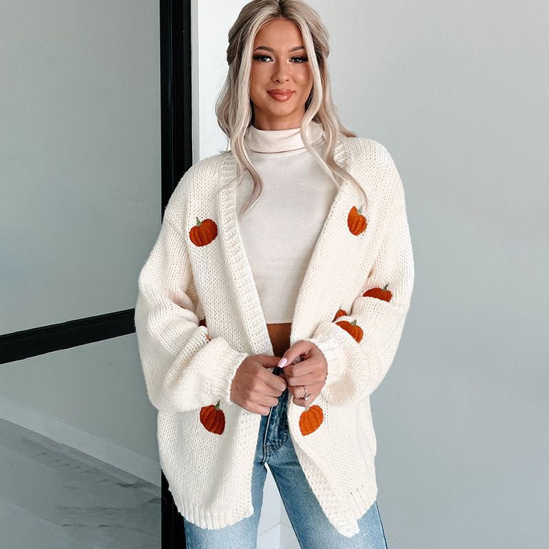MOSS ROSE - Chaqueta de punto blanca con diseño de calabaza  para mujer