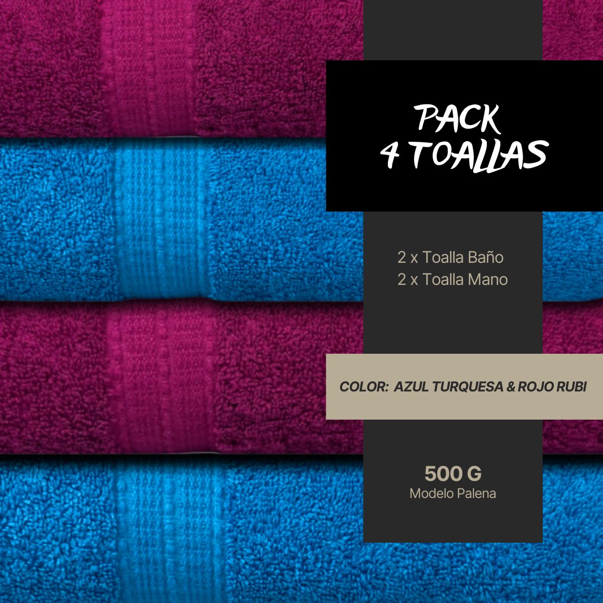 CHITECO - Pack 4 Toallas Chiteco (By Lourdes) 500g Baño & Manos Turquesa - Rojo