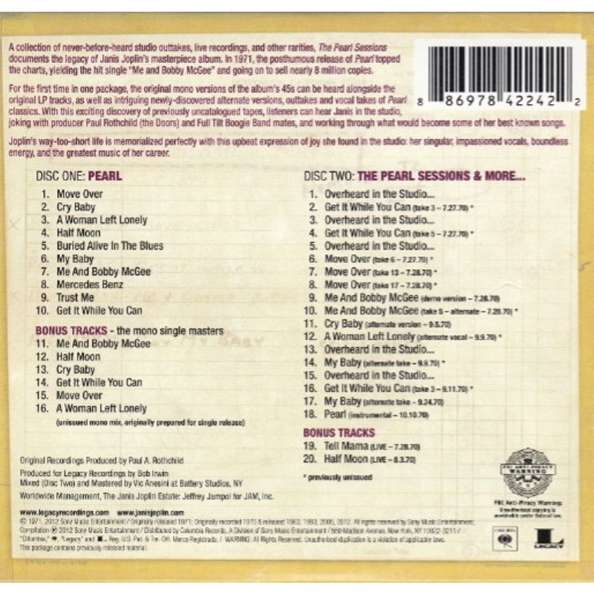 GENERICO - JANIS JOPLIN - THE PEARL SESSIONS (2CD) / CD