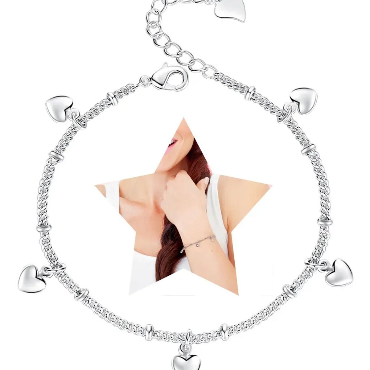 KUANGYE - Pulsera De Bañado en plata Y Corazones Cadena