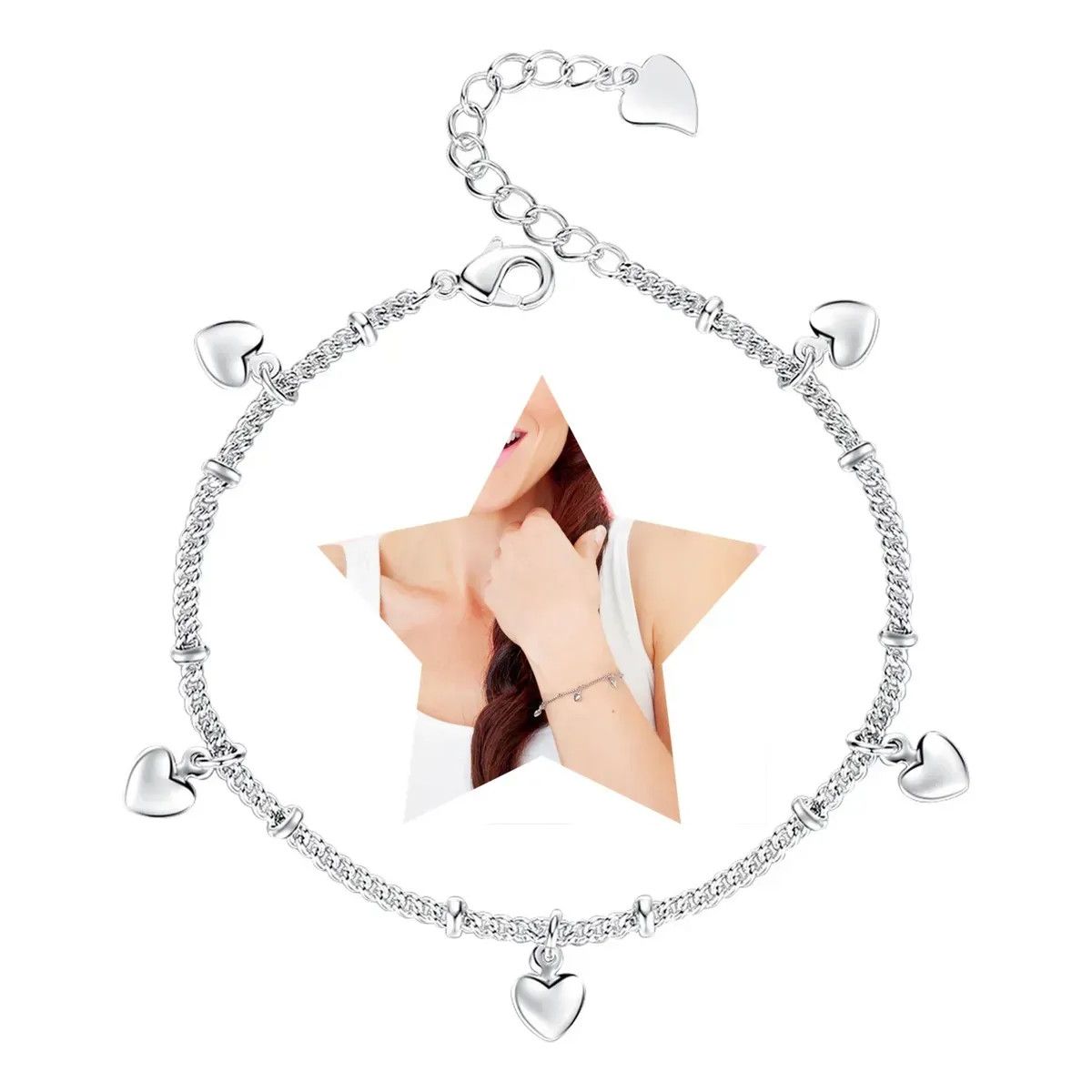KUANGYE - Pulsera De Bañado en plata Y Corazones Cadena