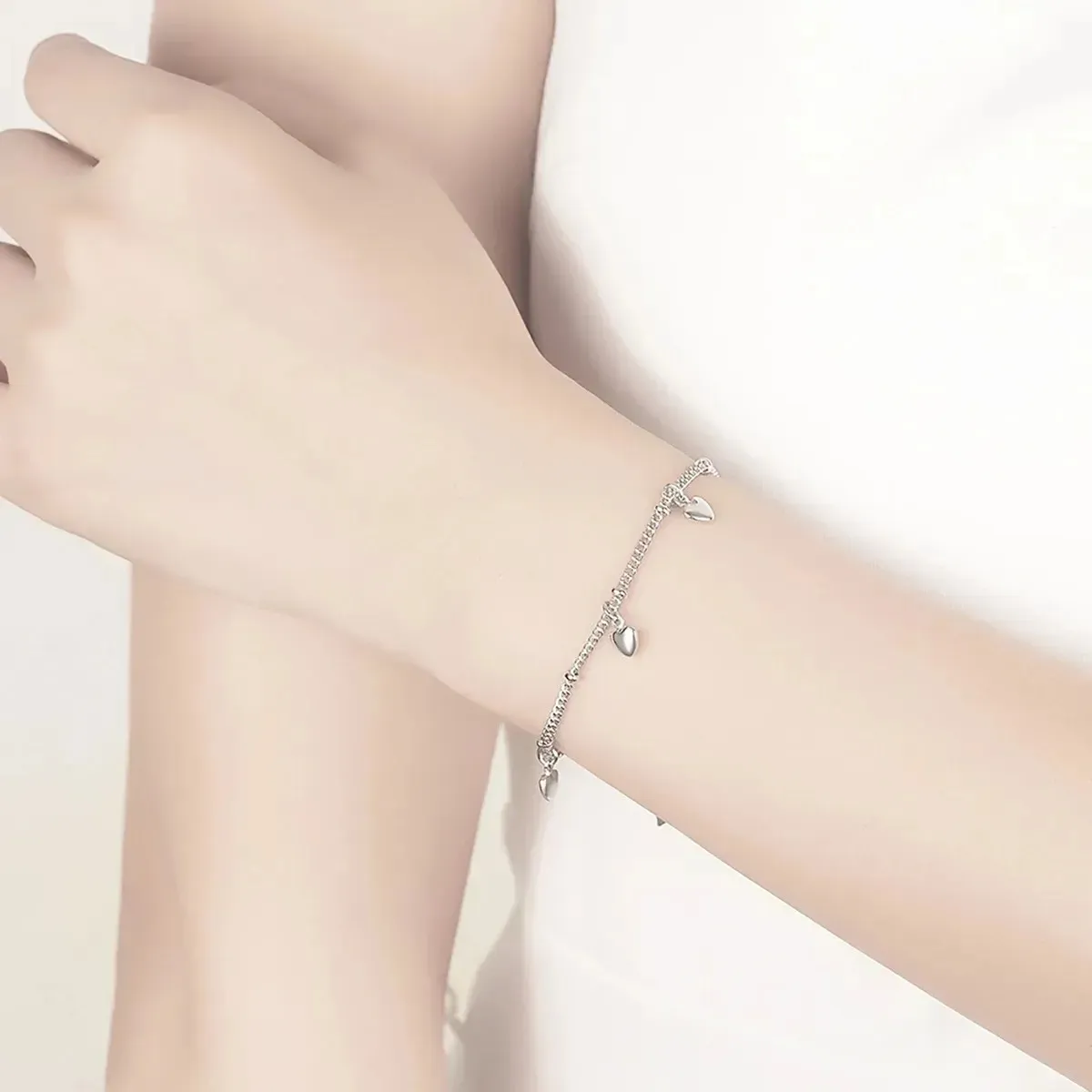 KUANGYE - Pulsera De Bañado en plata Y Corazones Cadena