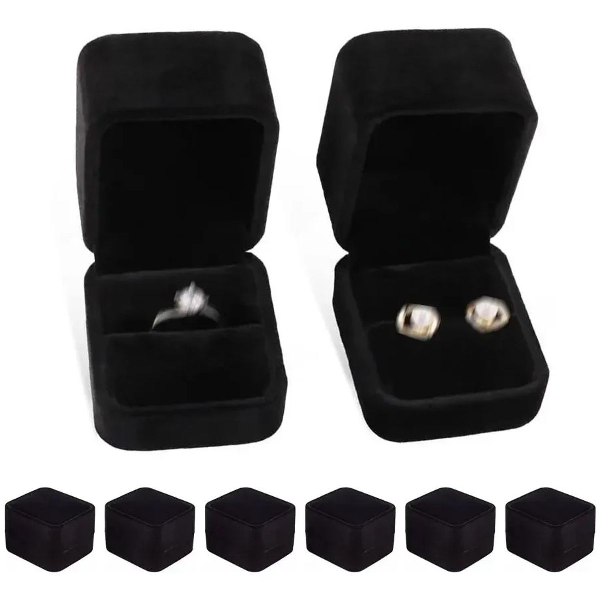 KUANGYE - Set 6 Cajas Anillo Terciopelo Negro Diseño Liso Fondo Negro