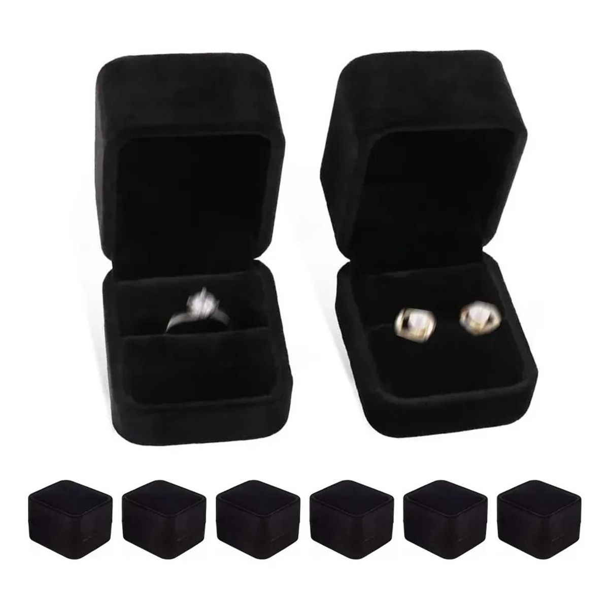 KUANGYE - Set 6 Cajas Anillo Terciopelo Negro Diseño Liso Fondo Negro
