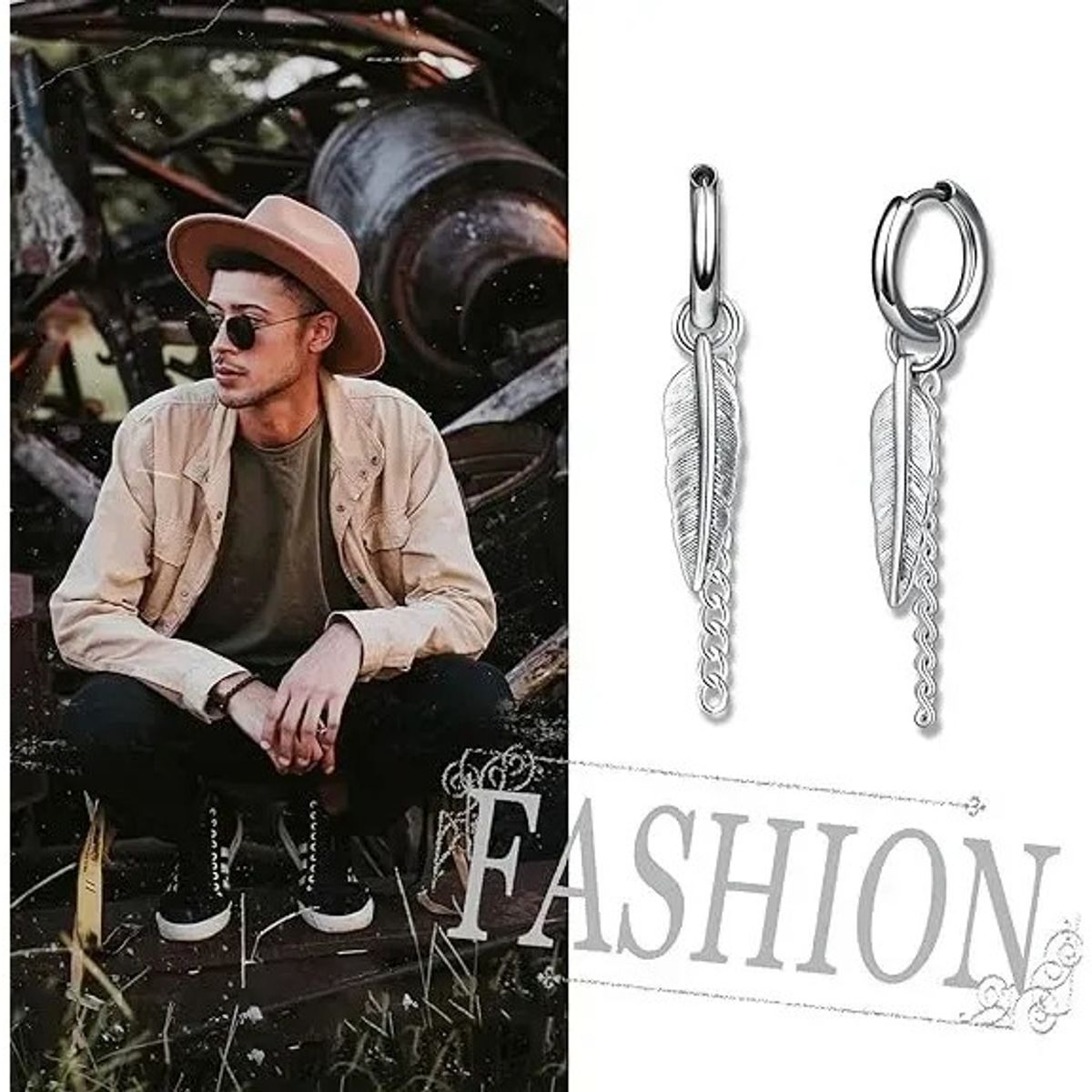 KUANGYE - Aros Punk Plumas Silver Space Hombre Mujer-acero Inoxidable