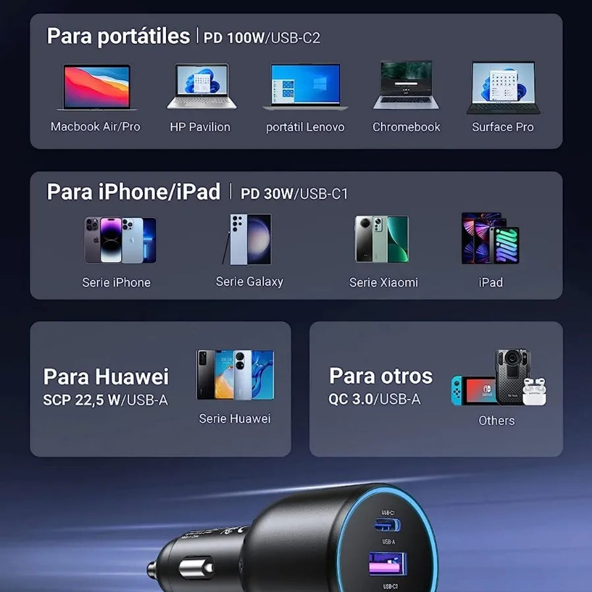 PUREPOWER - Cargador De Coche Ugreen 130w 3 Puertos Para Encendedor Color Negro
