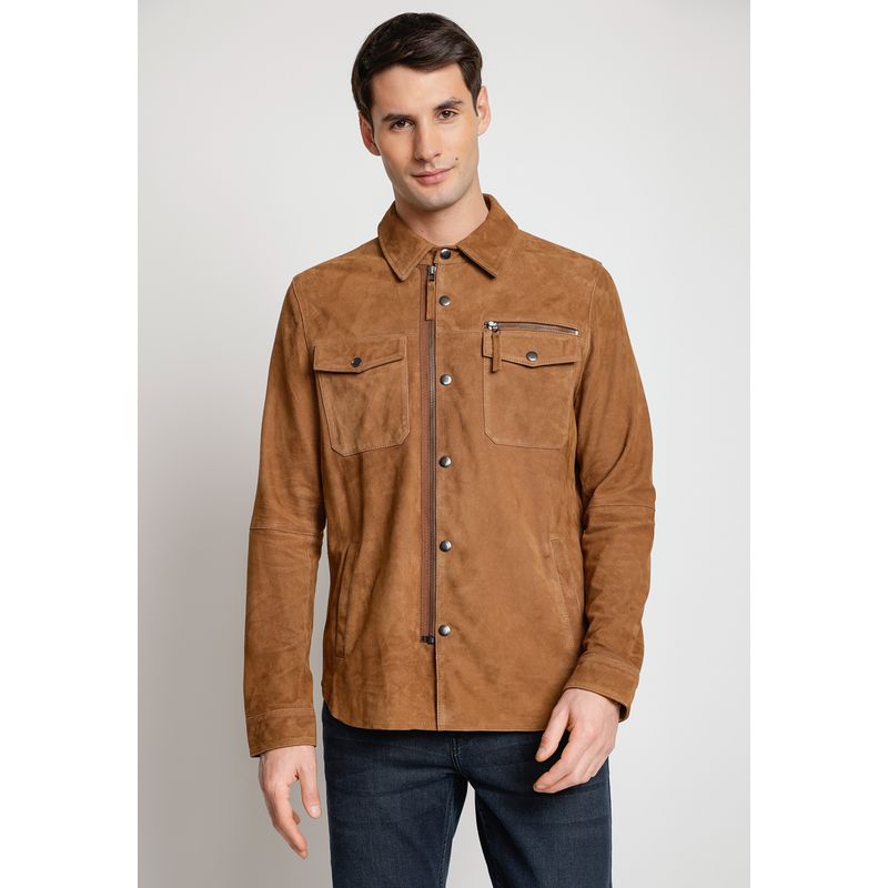 PERRY ELLIS - Sobrecamisa Cuero Suede Hombre Cognac