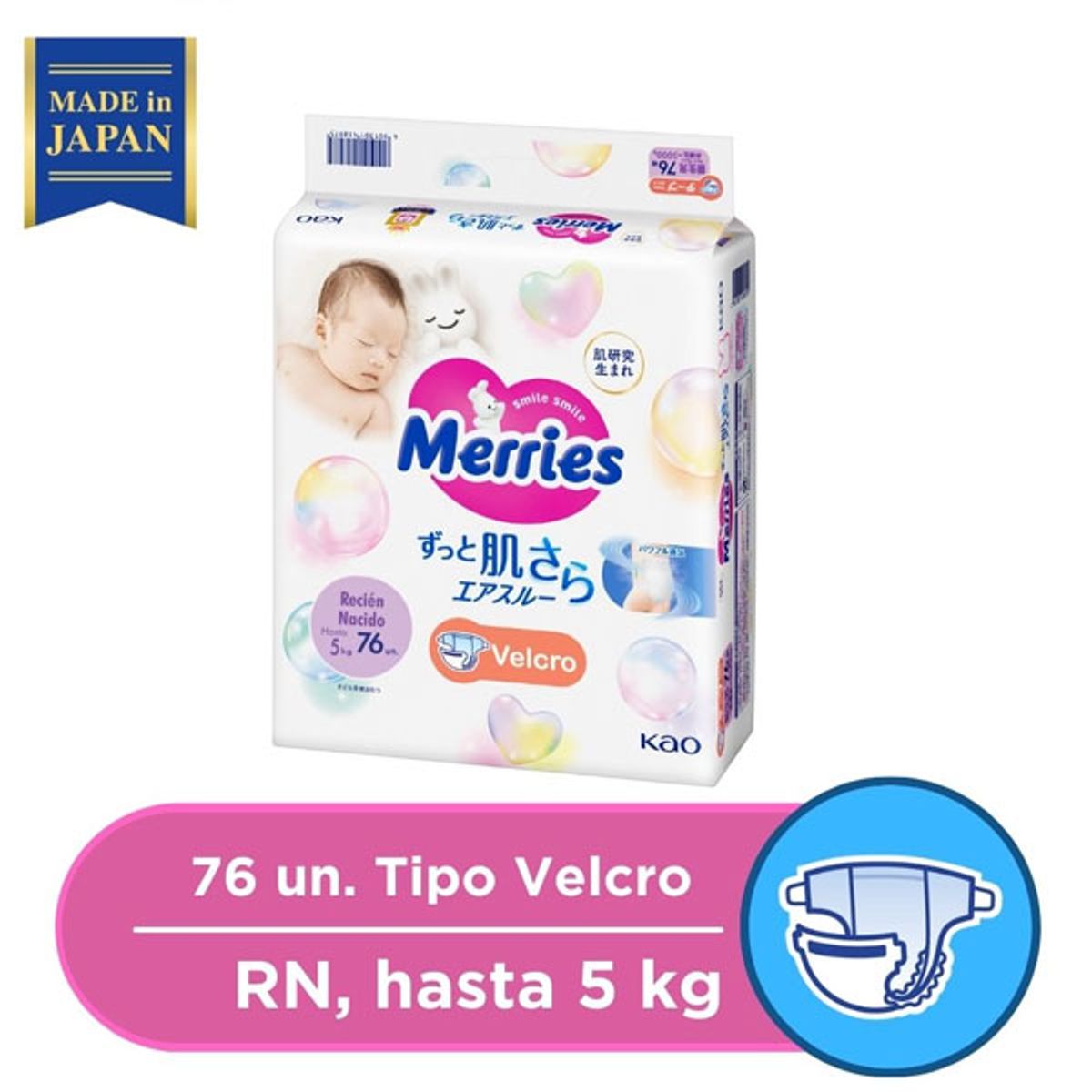 MERRIES - Pañales Velcro Talla RN - 76 Unidades