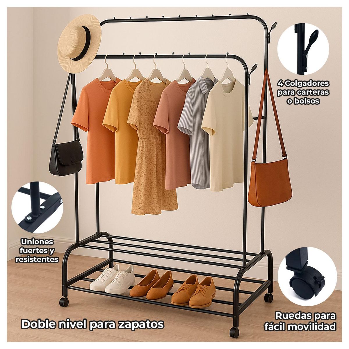 GLOBAL LATIN GROUP - Perchero Metálico Doble con Zapatero Organizador de Ropa