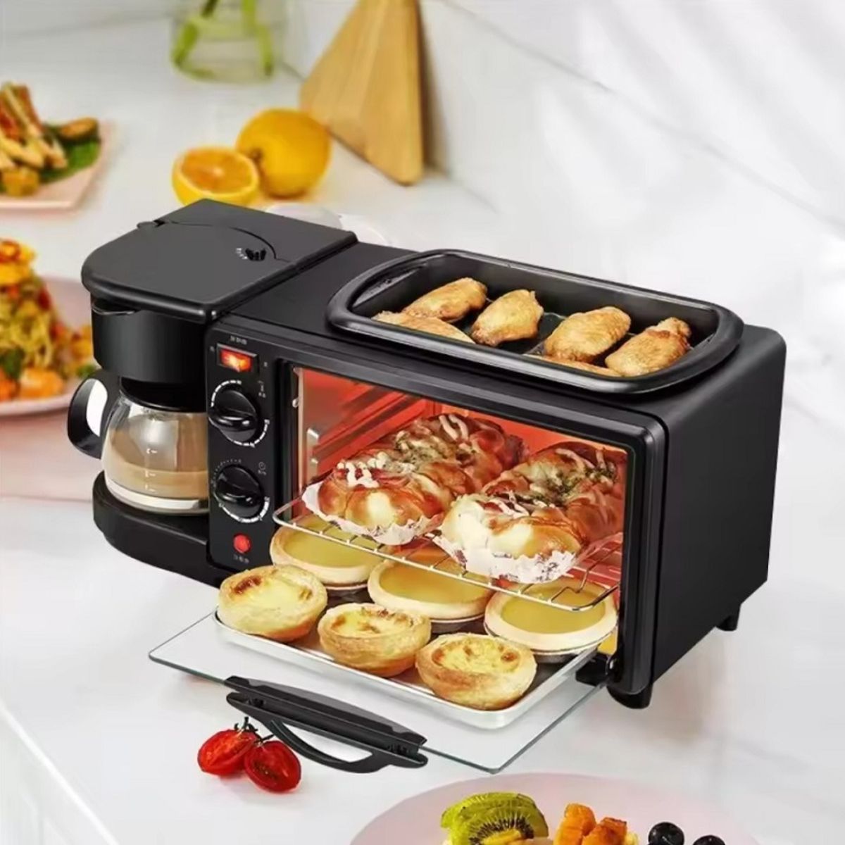 GENERICO - Máquina de Desayuno Multifunción 3 en 1 Horno,Cafetera y Sartén