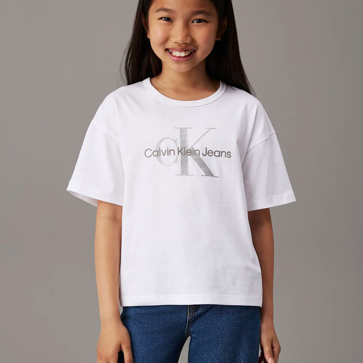 CALVIN KLEIN - Polera Niña Monologo Glitter Blanco Calvin Klein