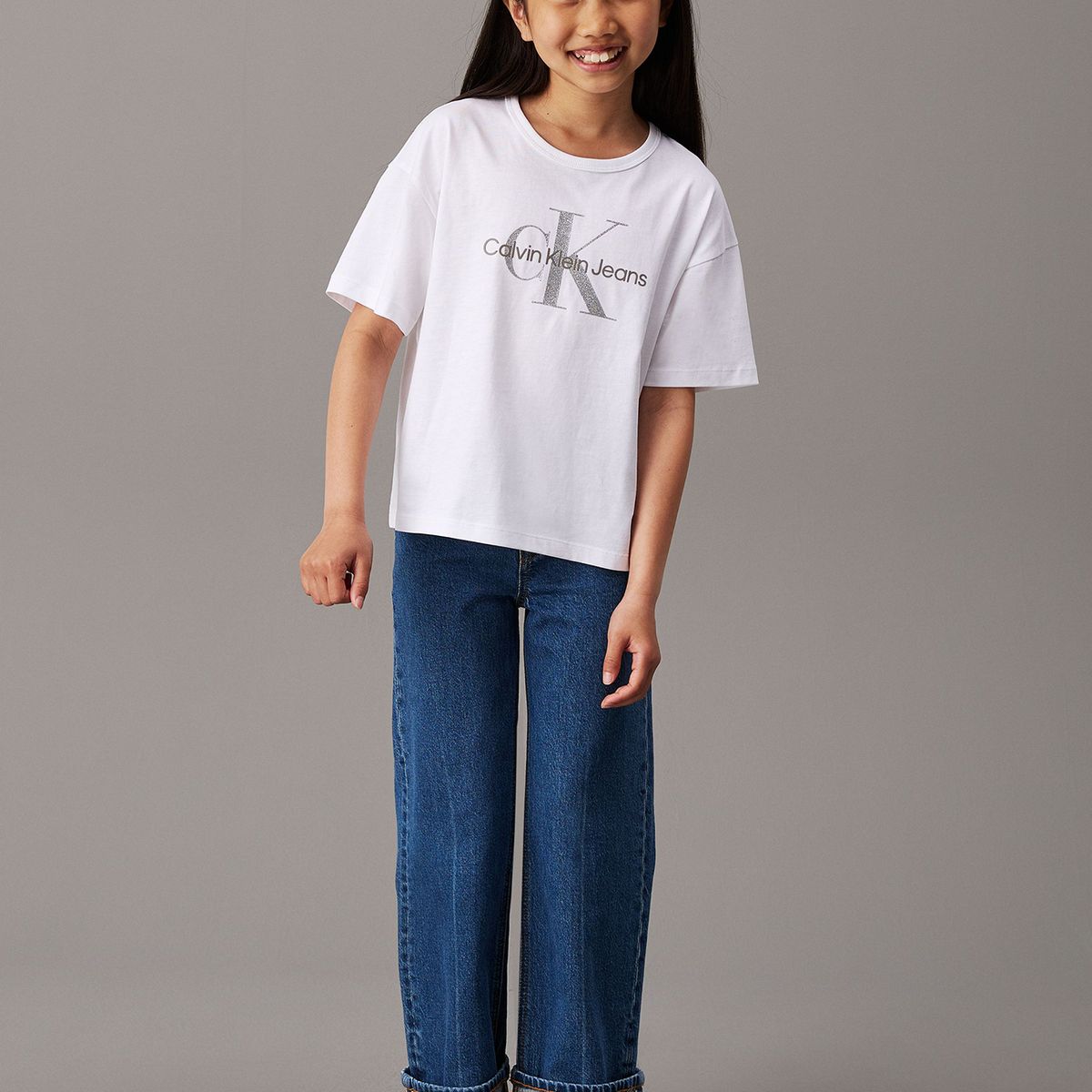 CALVIN KLEIN - Polera Niña Monologo Glitter Blanco Calvin Klein