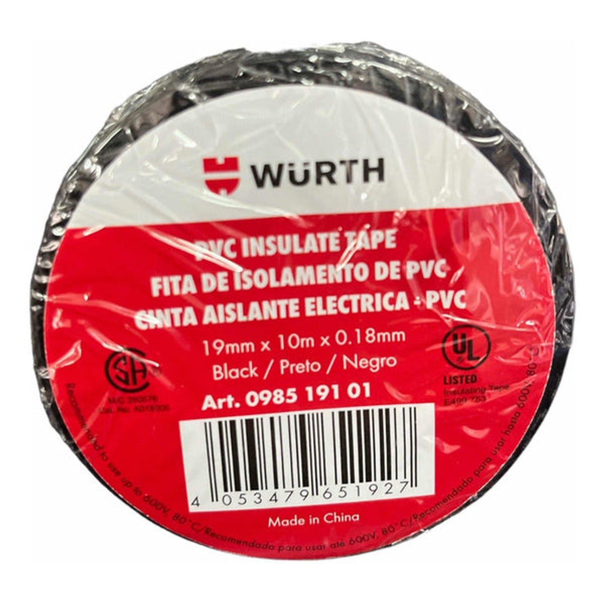 WURTH - Pack 3 Cinta Aislante Aisladora Wurth 19mm 10m 0,18mm