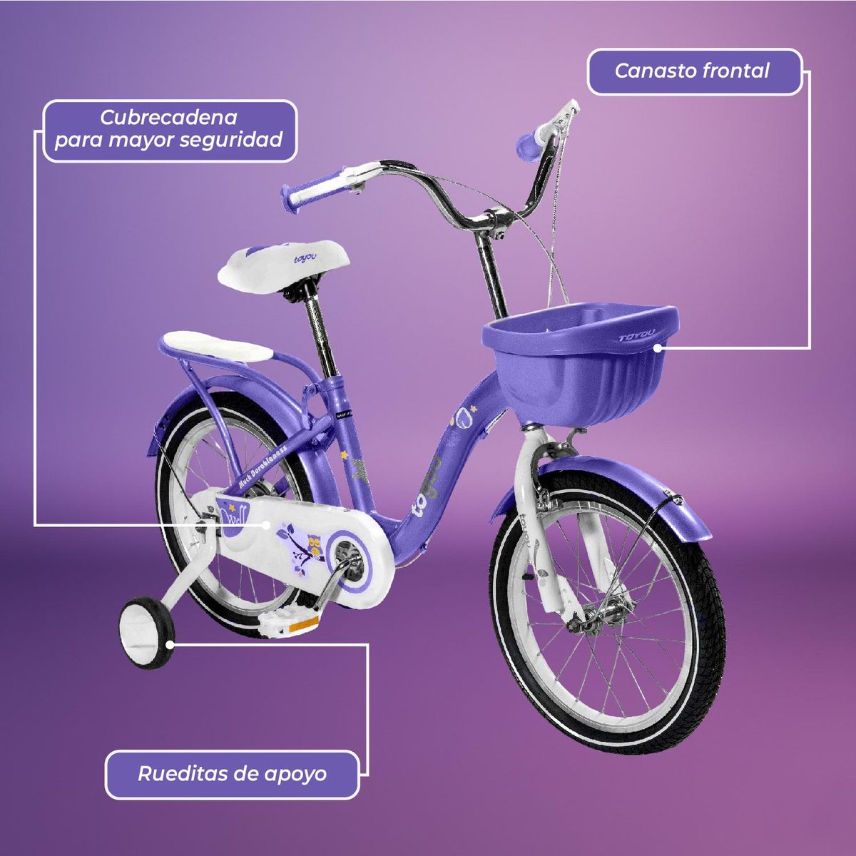 MUNDO ONLINE - Bicicleta Niña Infantil De Paseo Purple Owl Rueditas Aro 12