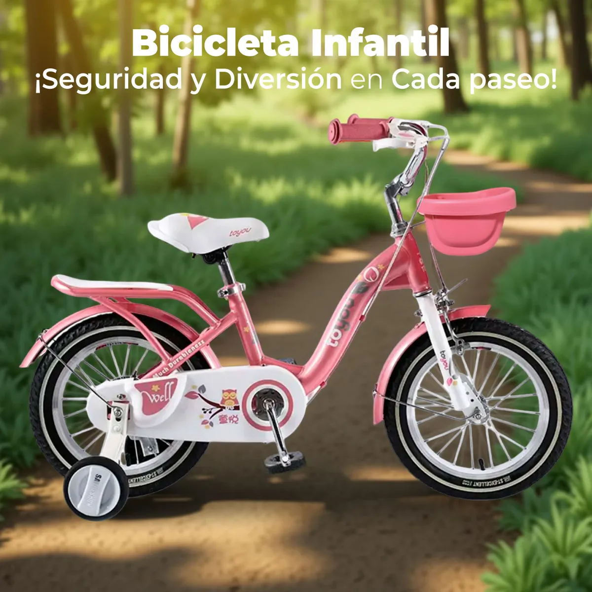 MUNDO ONLINE - Bicicleta Niña Infantil De Paseo Pink Owl Rueditas Aro 16
