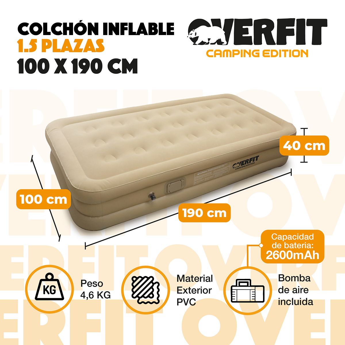 OVERFIT - Colchon Inflable Electrico 1.5 Plaza Overfit Bomba Portatil