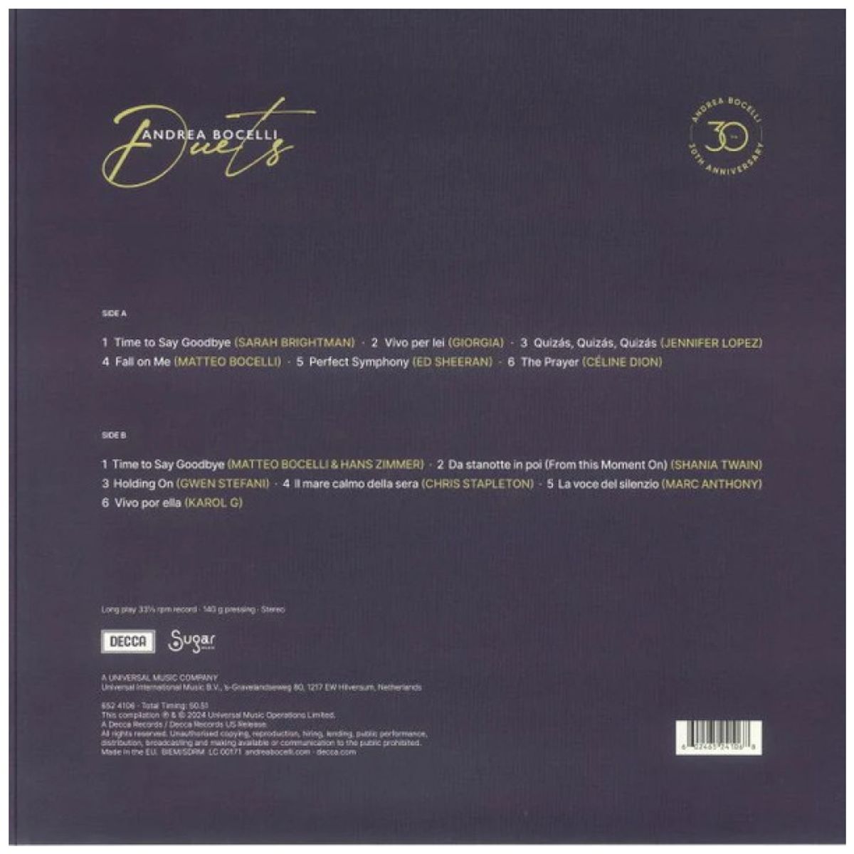 HITWAY MUSIC - ANDREA BOCELLI - THE DUETS - VINILO