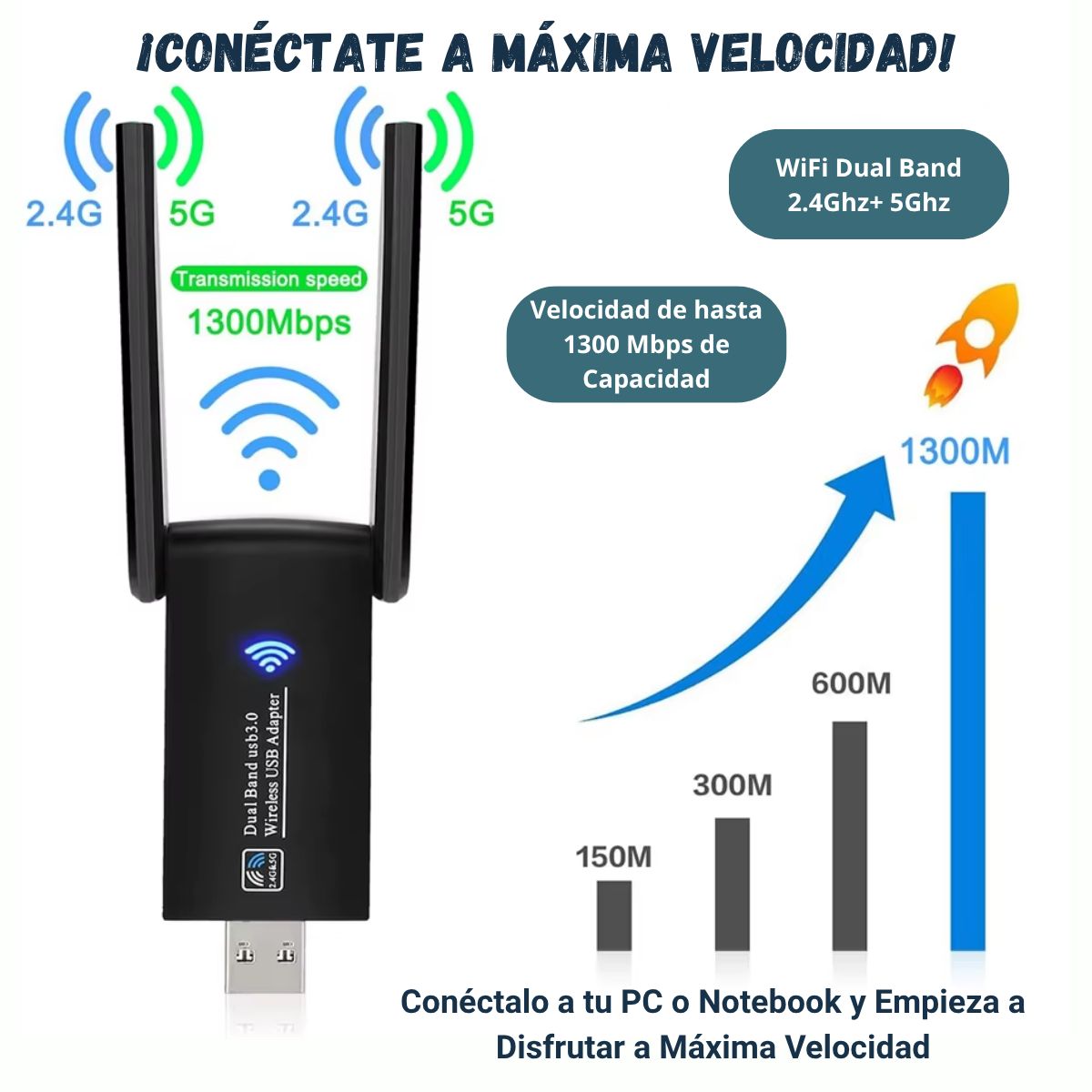 GENERICO - Adaptador Wifi Usb 5g 5ghz 1300 Mbps Tarjeta Antena Wifi Usb