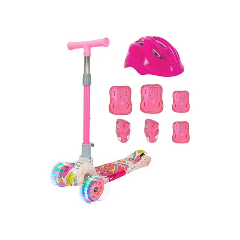 GENERICO - Monopatín luces t-go ruedas + casco y protecciones rosado