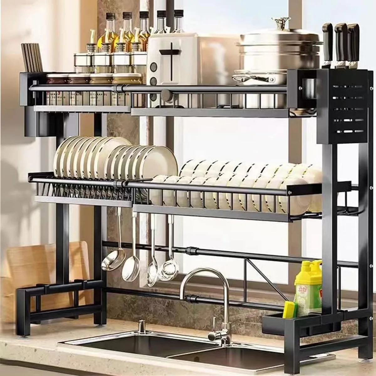 KUANGYE - Escurridor Retráctil Secador Ajustable Loza Platos 2 Niveles