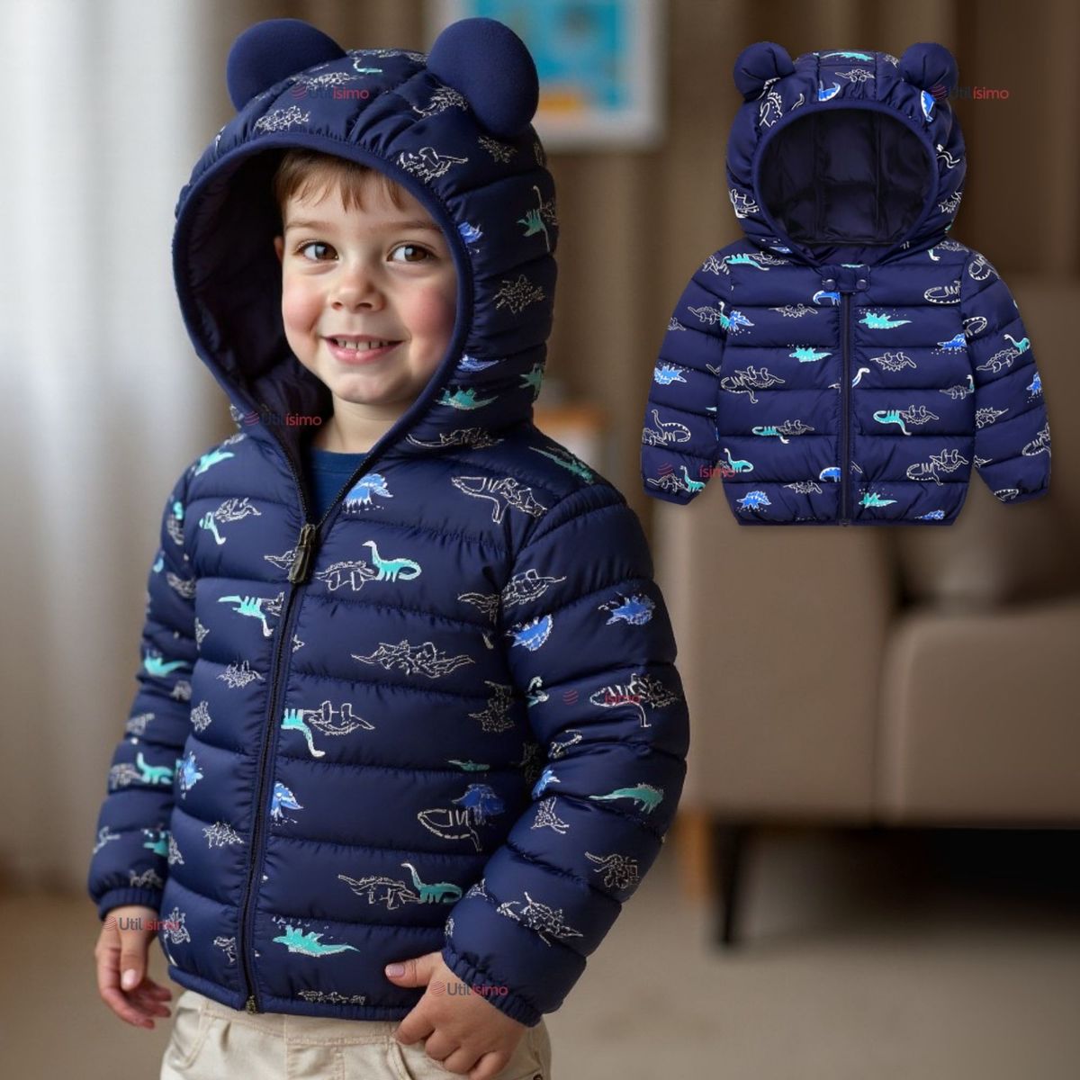 JUMP KIDS - Parka Térmica Con Capucha Y Orejitas Niño Estampado Dinosaurio Azul