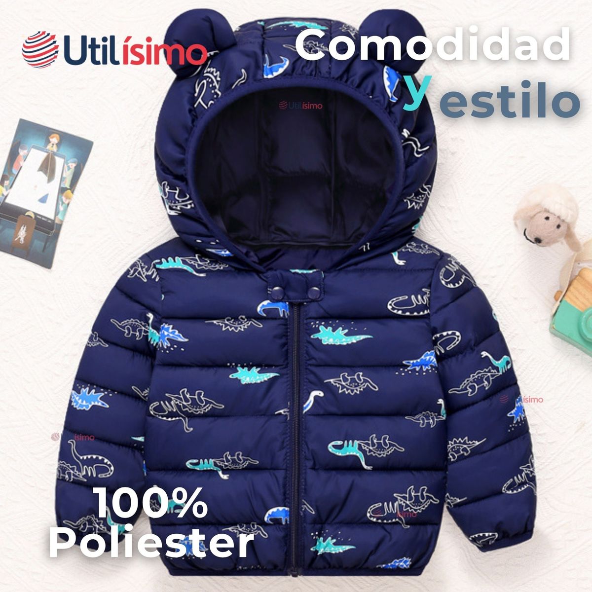 JUMP KIDS - Parka Térmica Con Capucha Y Orejitas Niño Estampado Dinosaurio Azul