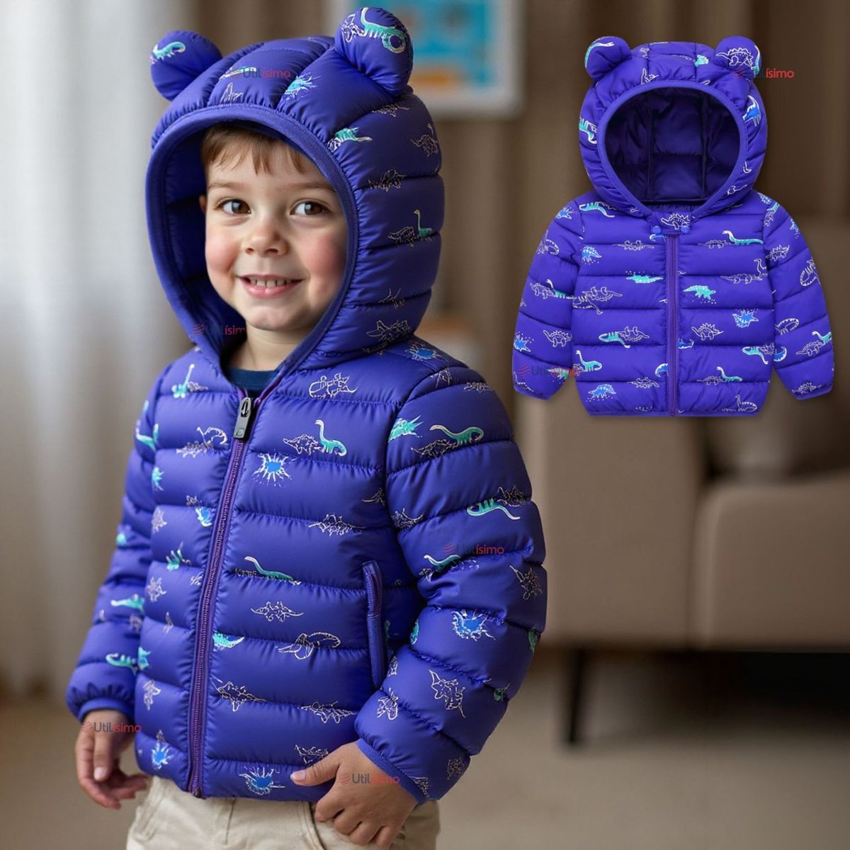 JUMP KIDS - Parka Térmica Con Capucha Y Orejitas Niño Estampado Dinosaurio Azul