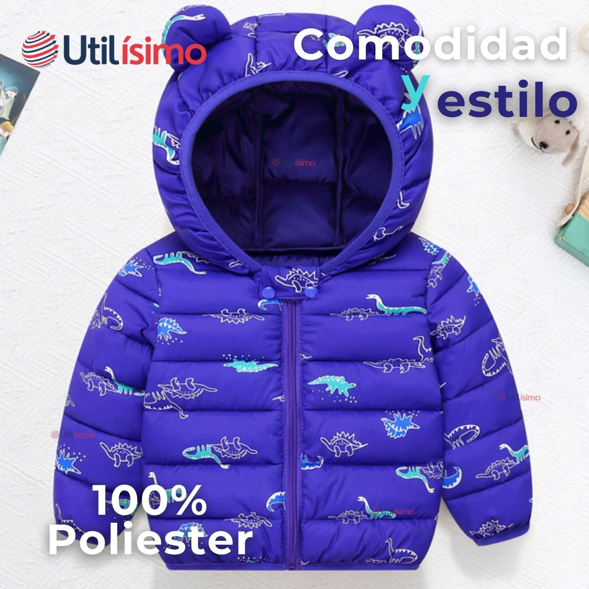 JUMP KIDS - Parka Térmica Con Capucha Y Orejitas Niño Estampado Dinosaurio Azul