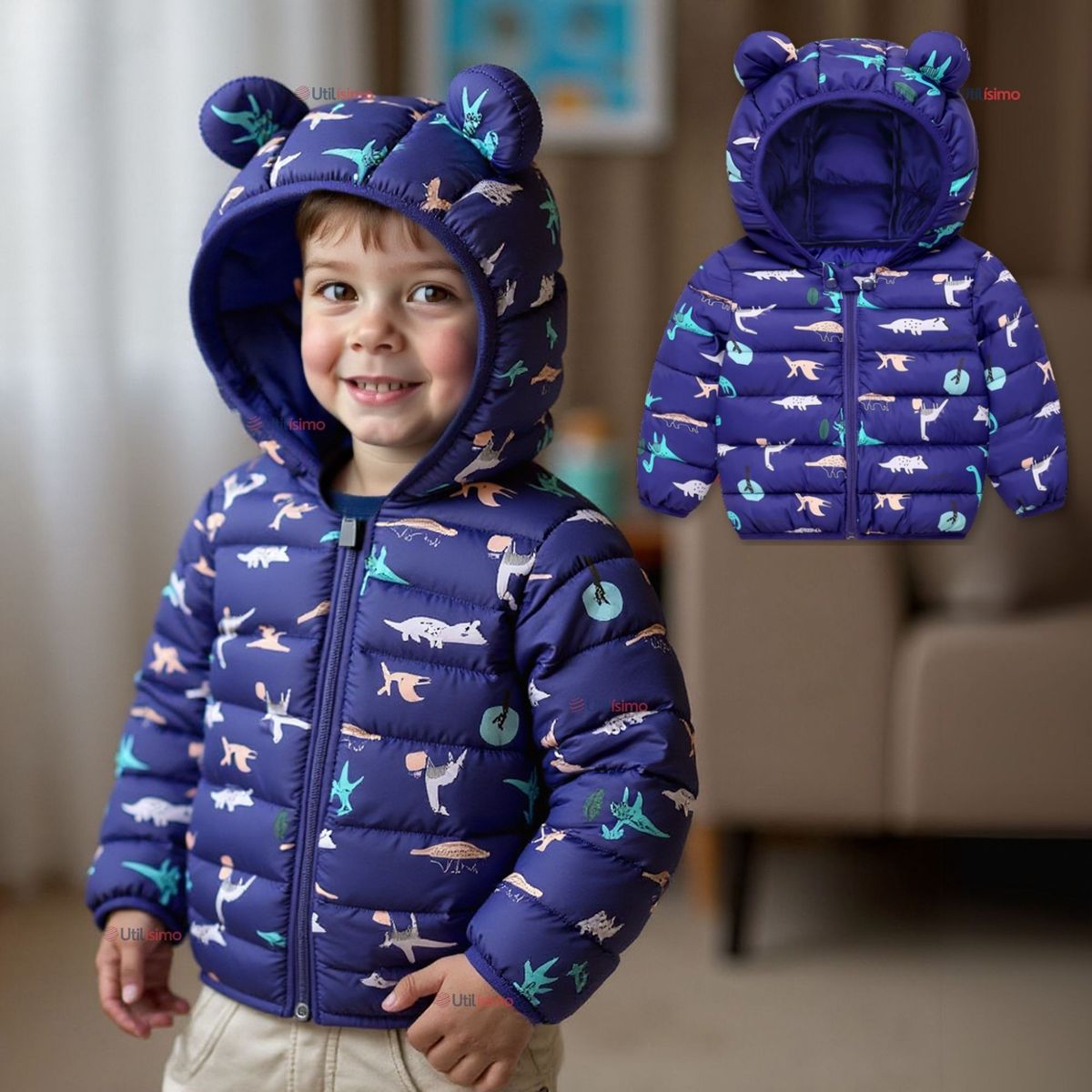 JUMP KIDS - Parka Térmica Con Capucha Y Orejitas Niño Estampado Dinosaurio Azul