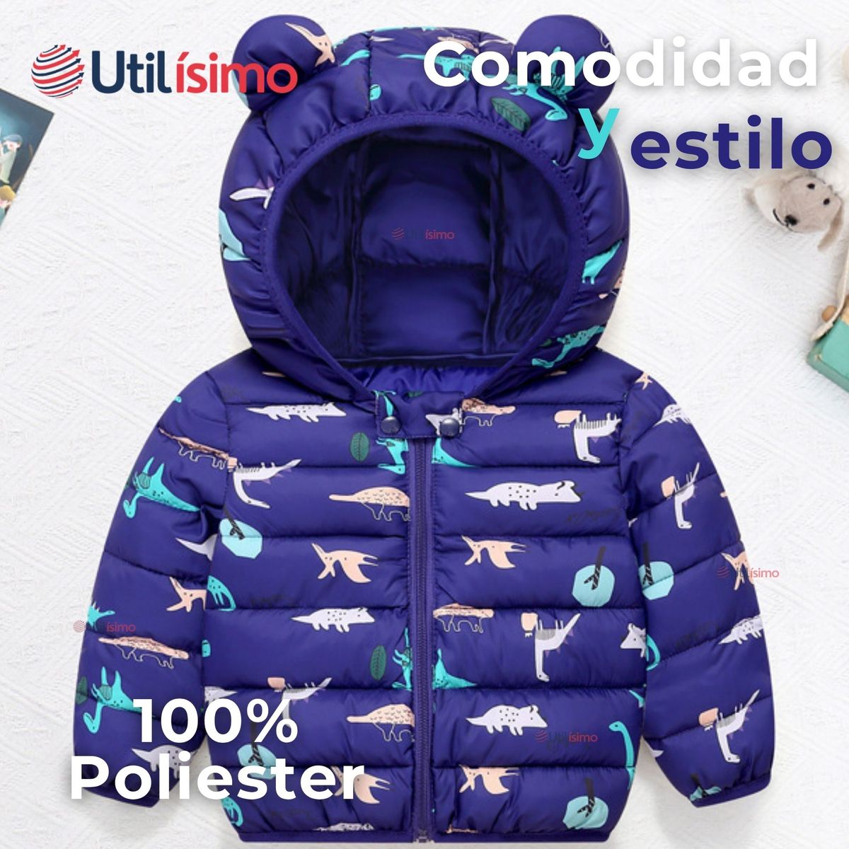 JUMP KIDS - Parka Térmica Con Capucha Y Orejitas Niño Estampado Dinosaurio Azul
