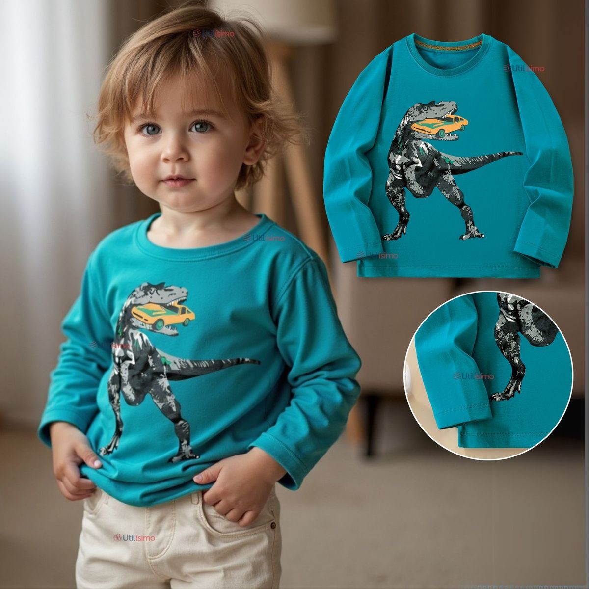 JUMP KIDS - Polera Algodón Manga Larga Niño Camiseta Dinosaurio verde