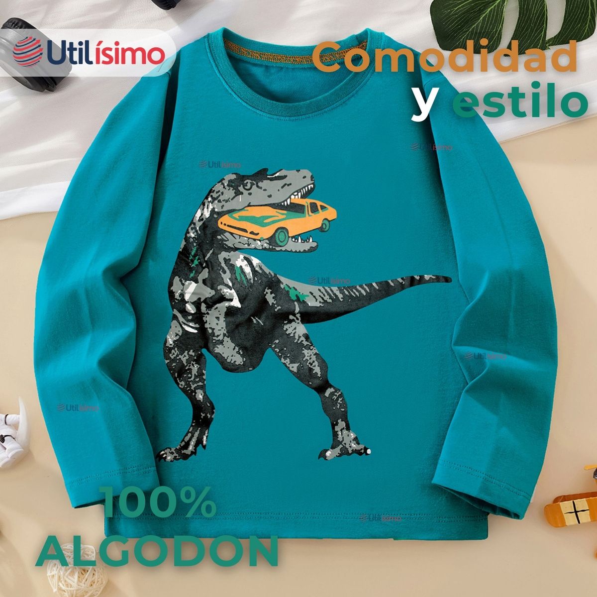 JUMP KIDS - Polera Algodón Manga Larga Niño Camiseta Dinosaurio verde