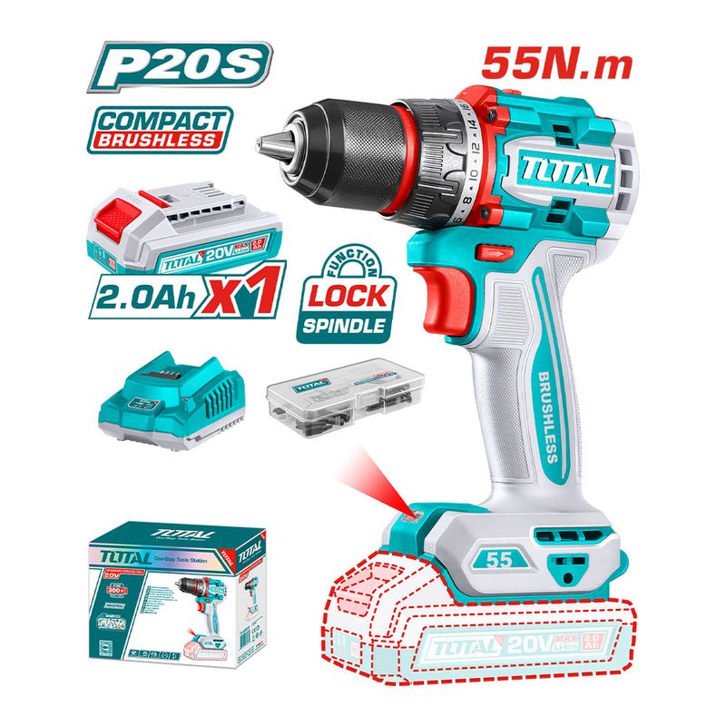 TOTAL TOOLS - Taladro Inalámbrico 55Nm 20V + Batería y Cargador