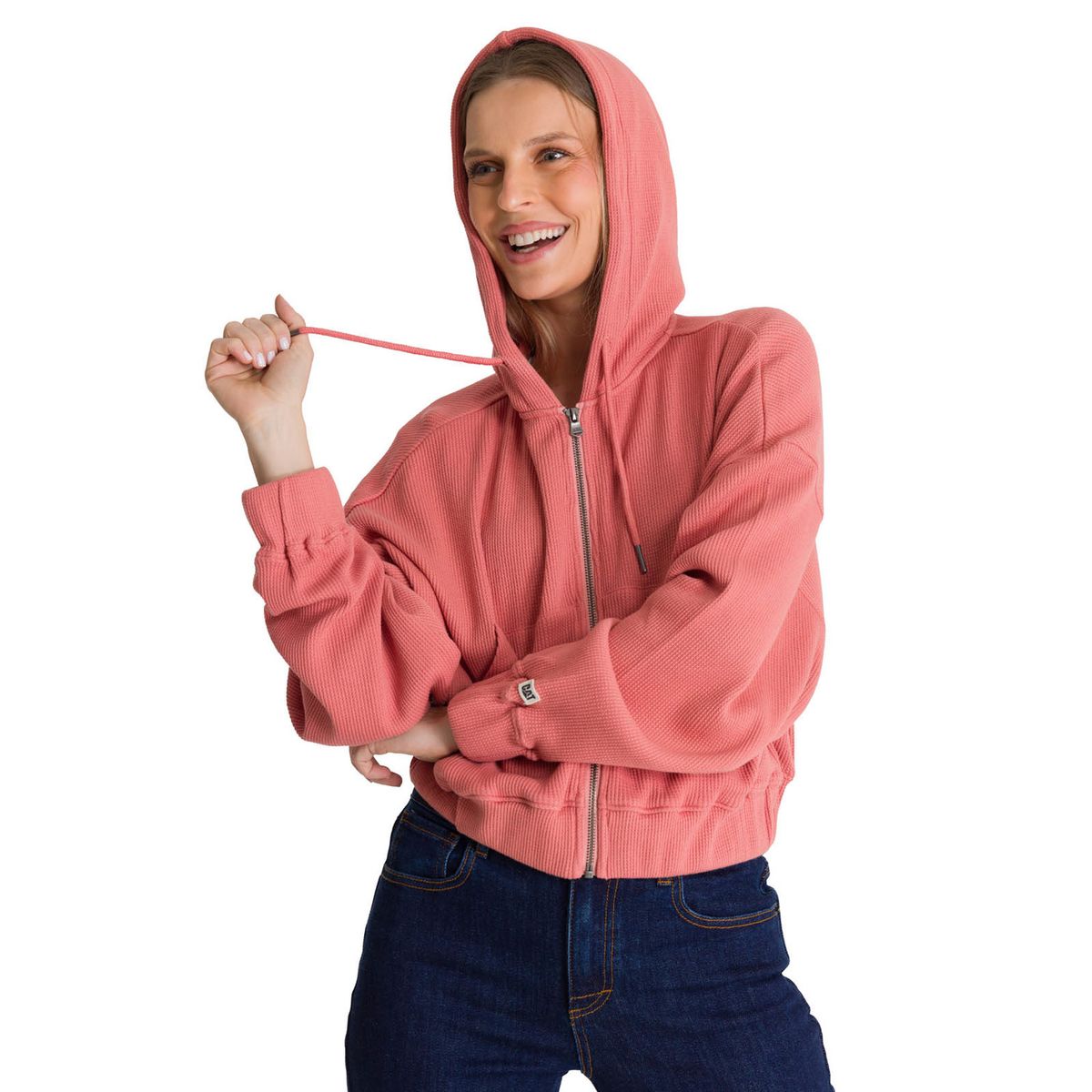 CAT - Polerón Con Gorro Mujer Waffle-Knit Salmón CAT