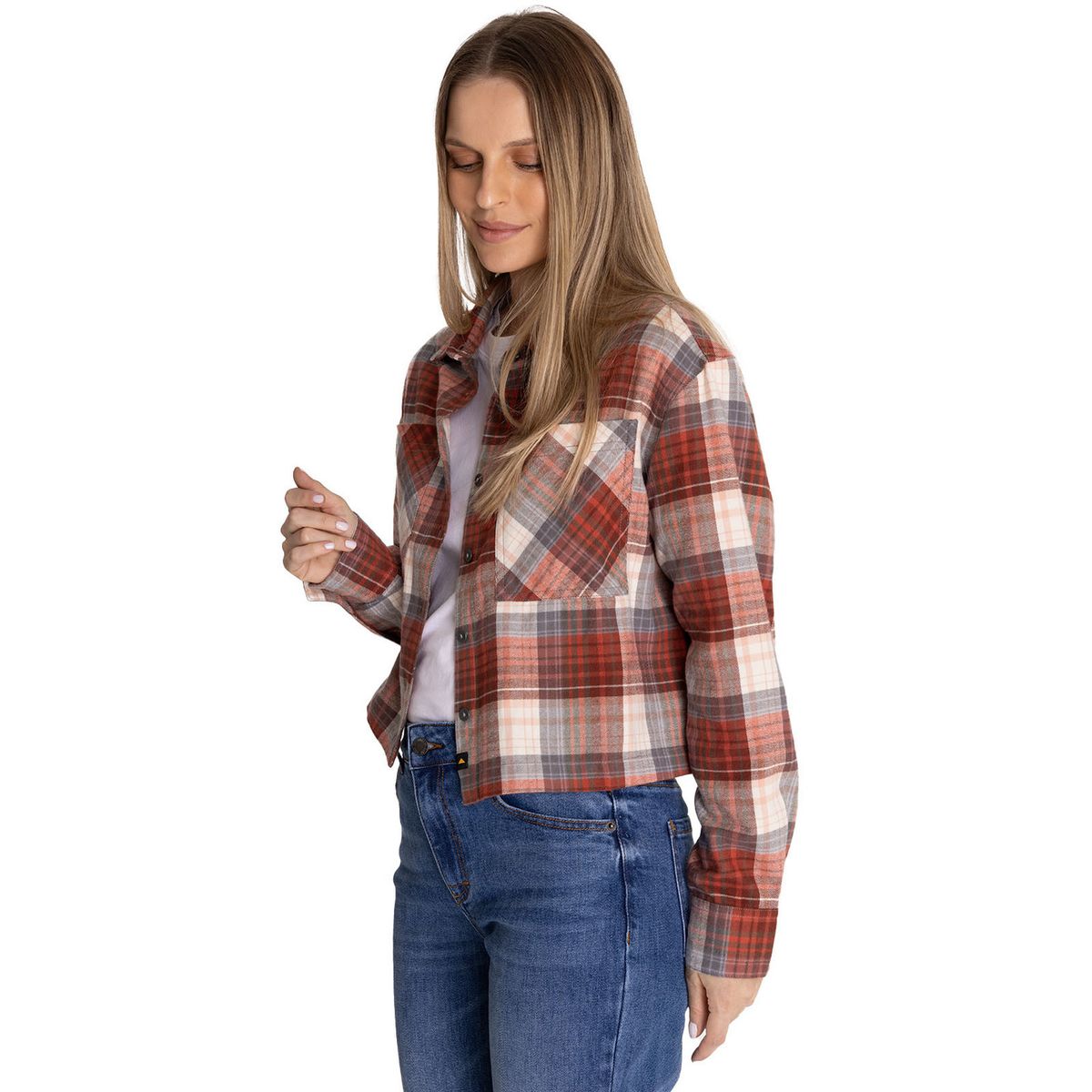 CAT - Camisa Manga Larga Mujer Cropped Flannel Terracota CAT