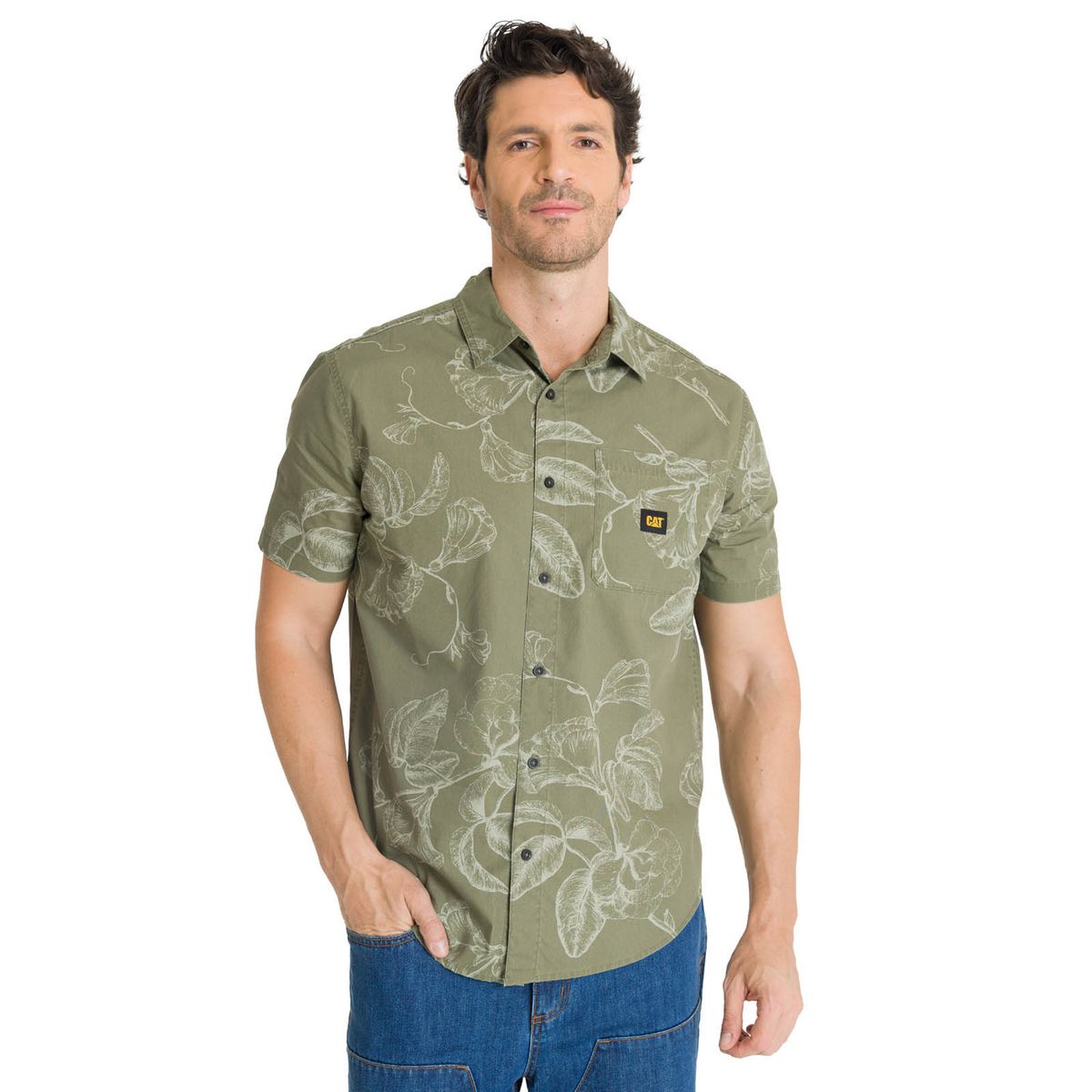 CAT - Camisa Manga Corta Hombre Printed Poplin Verde CAT