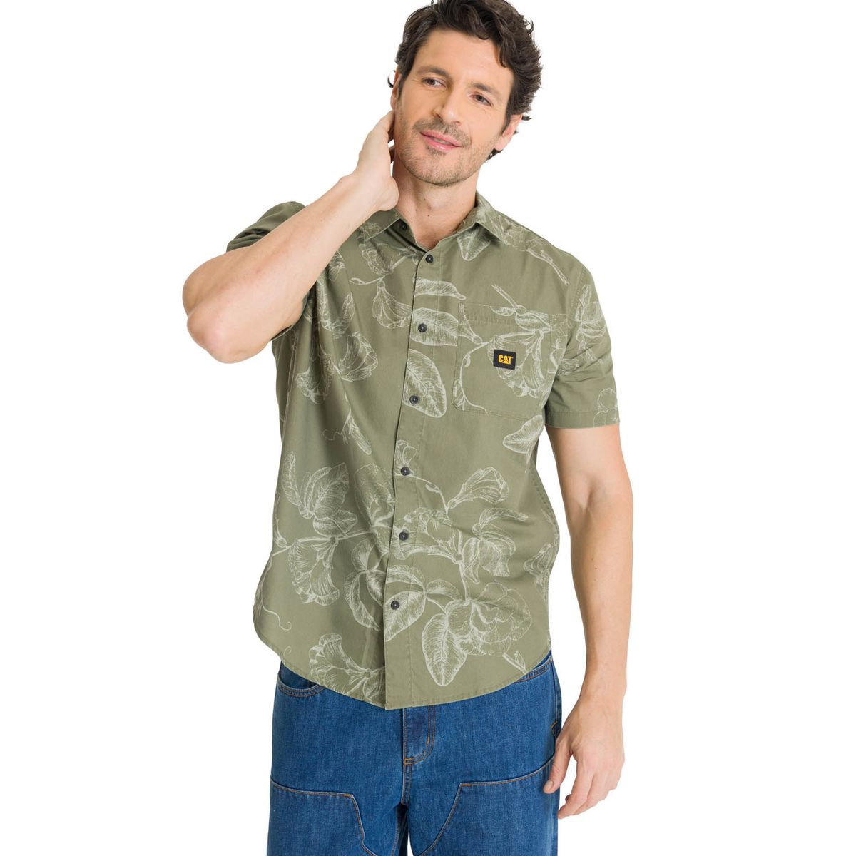 CAT - Camisa Manga Corta Hombre Printed Poplin Verde CAT