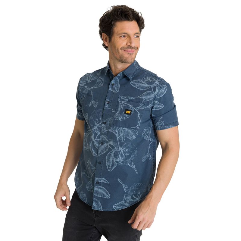 CAT - Camisa Manga Corta Hombre Printed Poplin Azul CAT