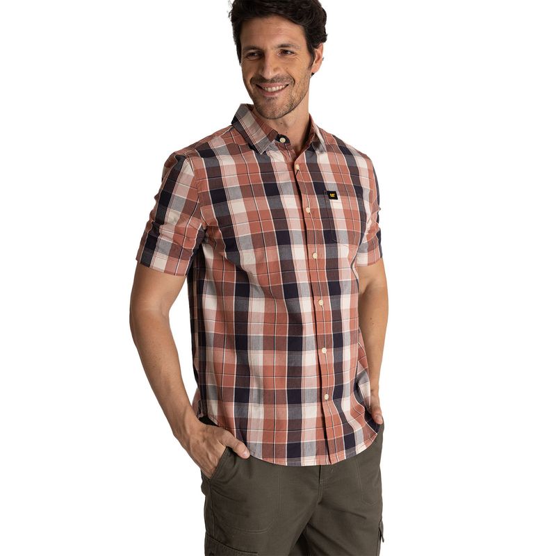 CAT - Camisa Manga Corta Hombre Plaid Poplin Terracota CAT