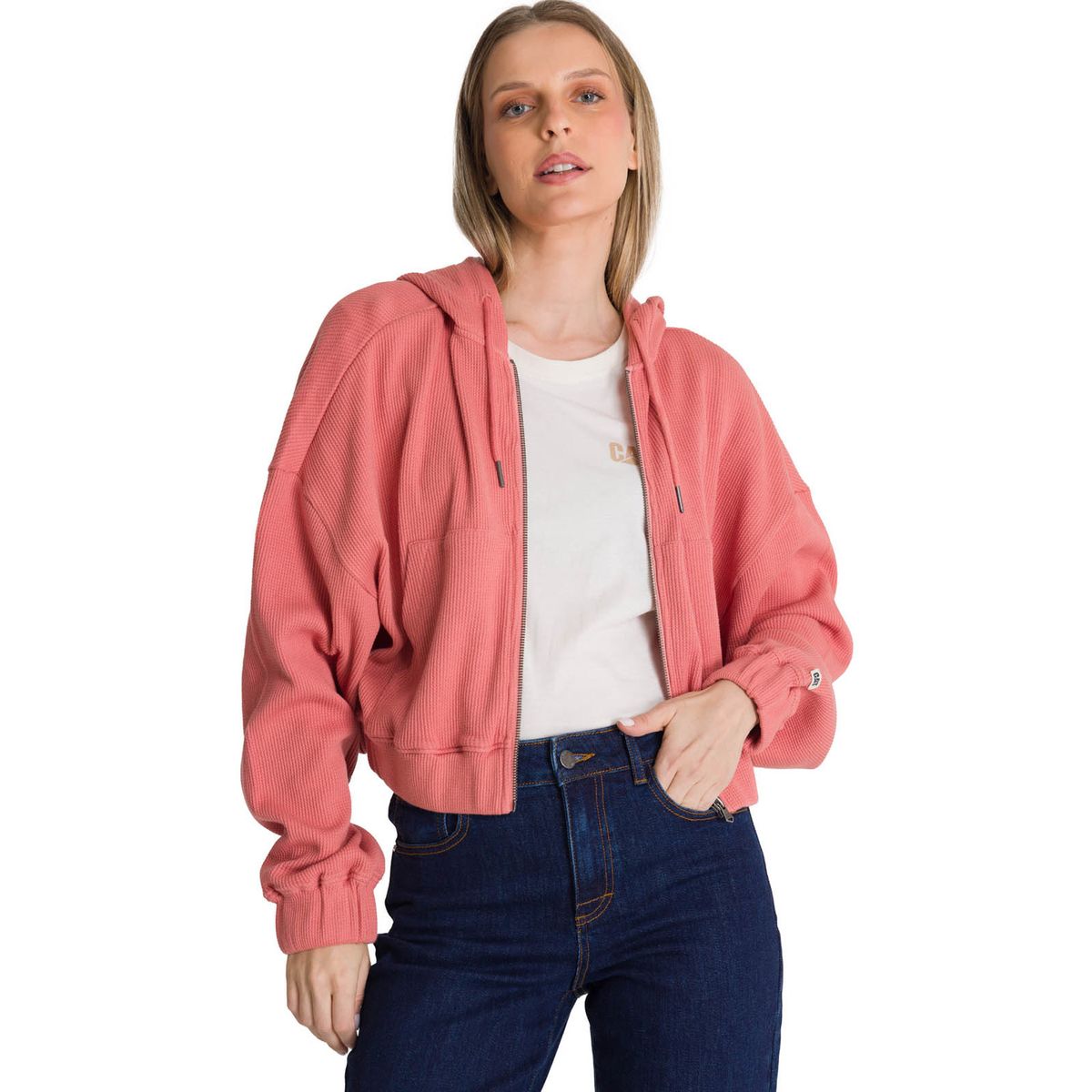 CAT - Polerón Con Gorro Mujer Waffle-Knit Salmón CAT