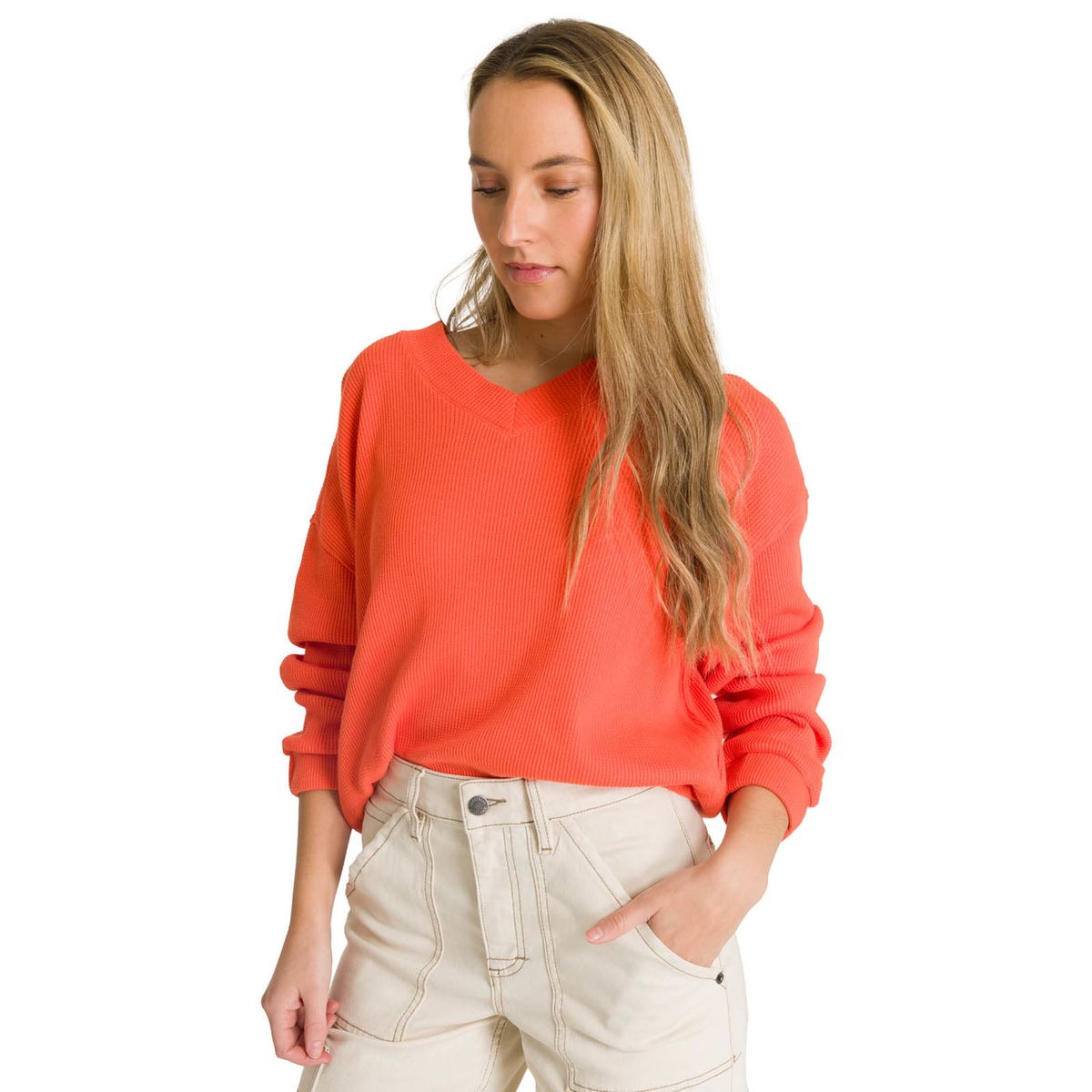 CAT - Polerón Cuello en V Mujer Oversize Waffle Salmón CAT