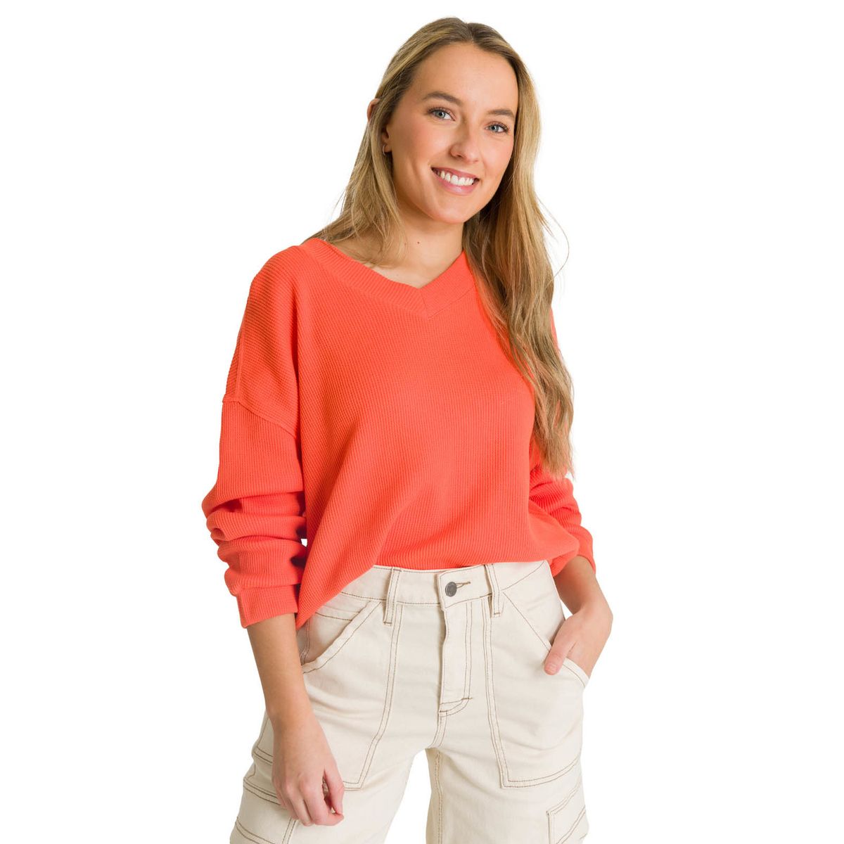 CAT - Polerón Cuello en V Mujer Oversize Waffle Salmón CAT