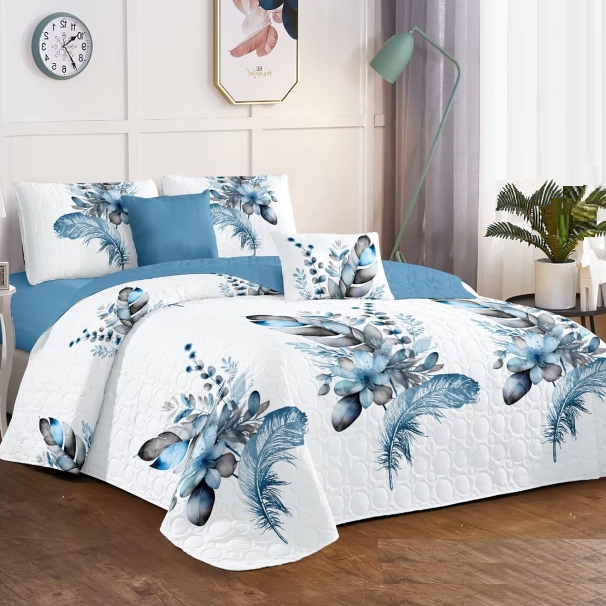 GENERICO - CUBRECAMA KING BLANCO FLOR AZUL DELGADO DE VERANO TF