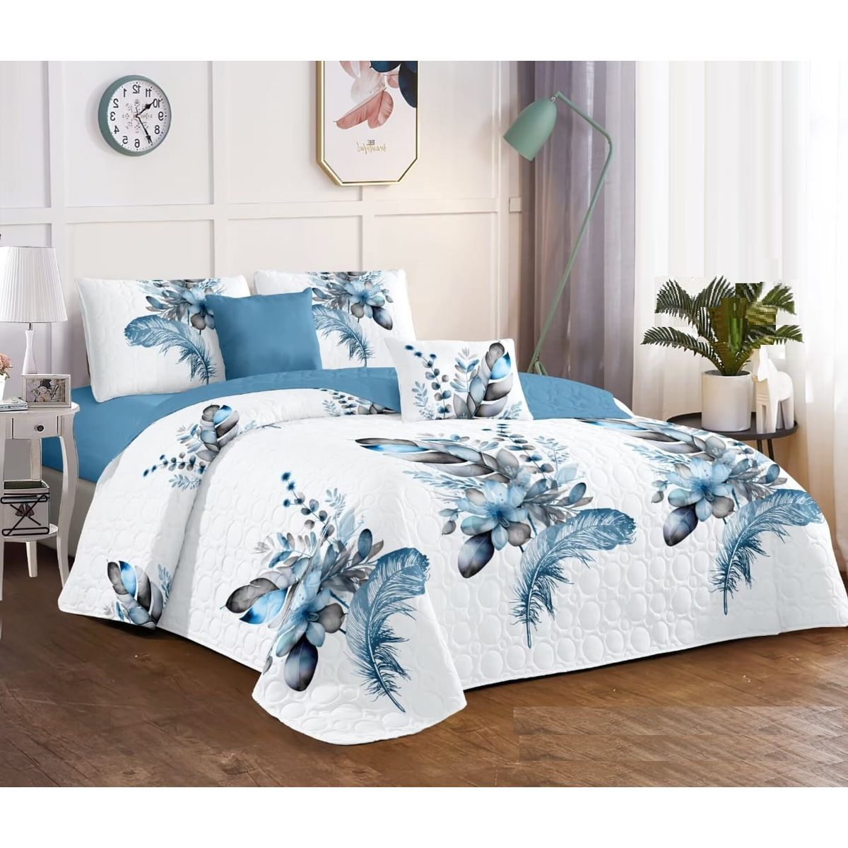 GENERICO - CUBRECAMA KING BLANCO FLOR AZUL DELGADO DE VERANO TF