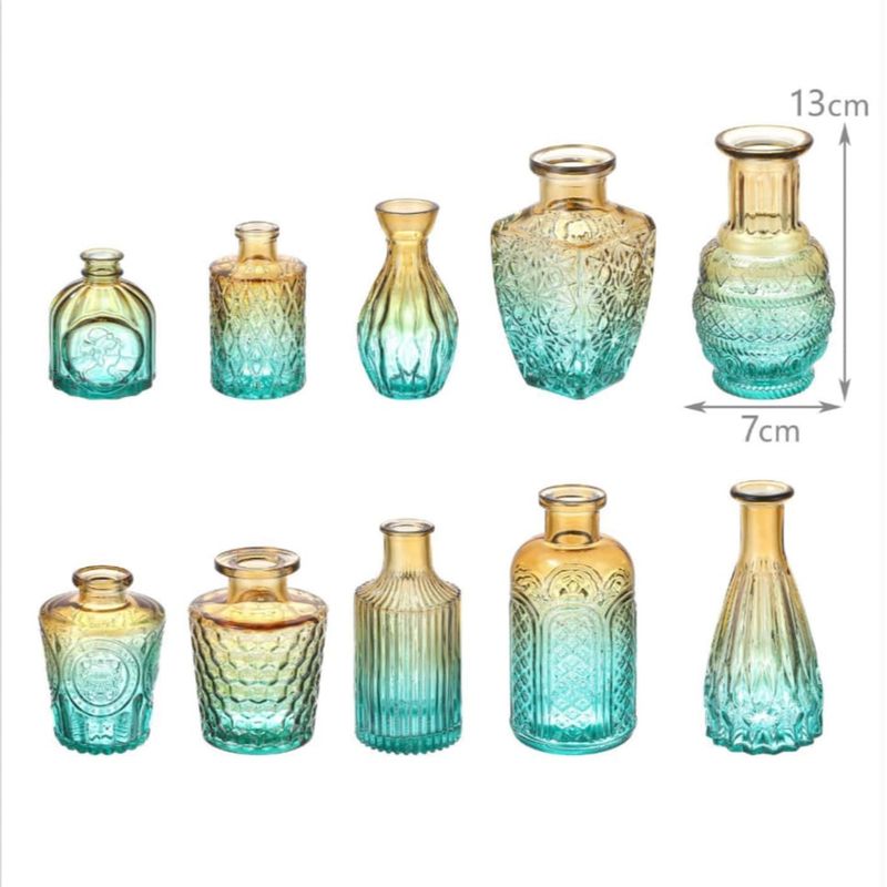 HOMEY - Set de 10 floreros de vidrio, vintage, relieve verde degradado
