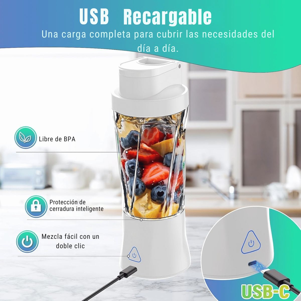 DIETEC - Licuadora Portátil Recargable Dietec Hd-10 - 710 Ml Usb-c Negro