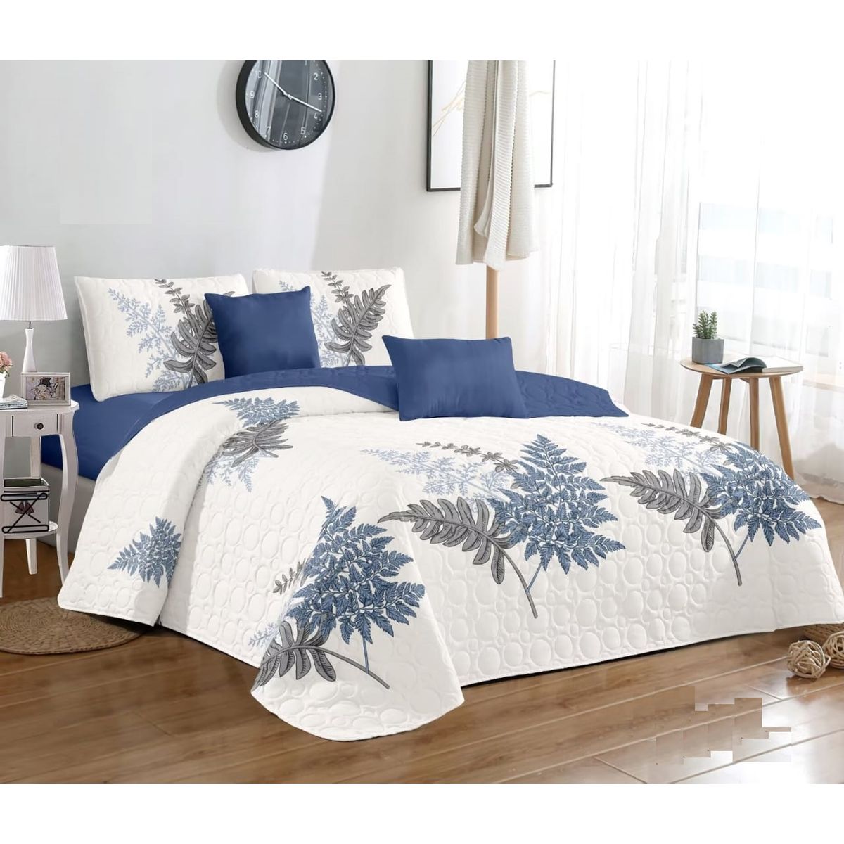 GENERICO - CUBRECAMA KING BLANCO HOJASGRIS AZUL  DELGADO DE VERANO TF