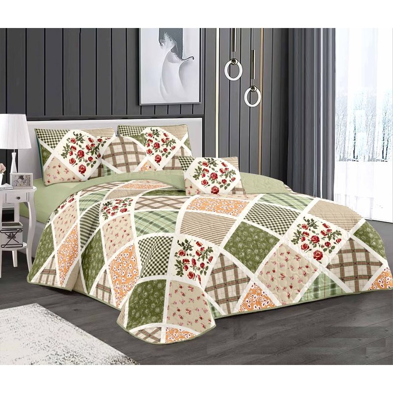 GENERICO - CUBRECAMA KING CUADROS VERDE CON FLORES ELEGANTES DELGADO DE VERANO TF