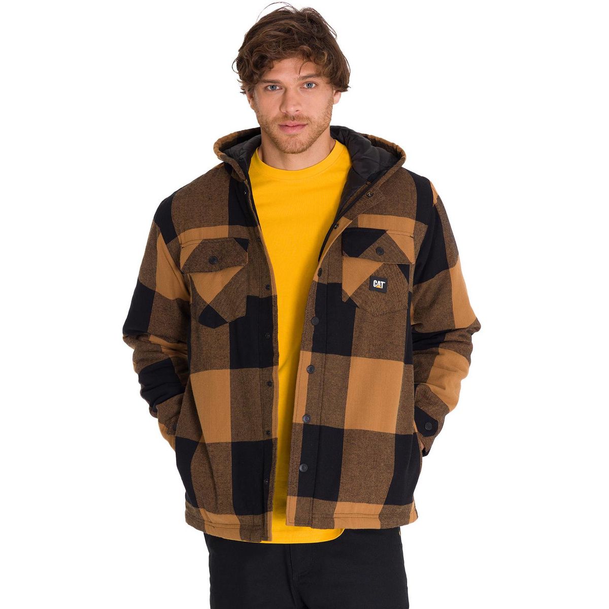 CAT - Chaqueta Hooded Flannel Hombre Negro y Café CAT